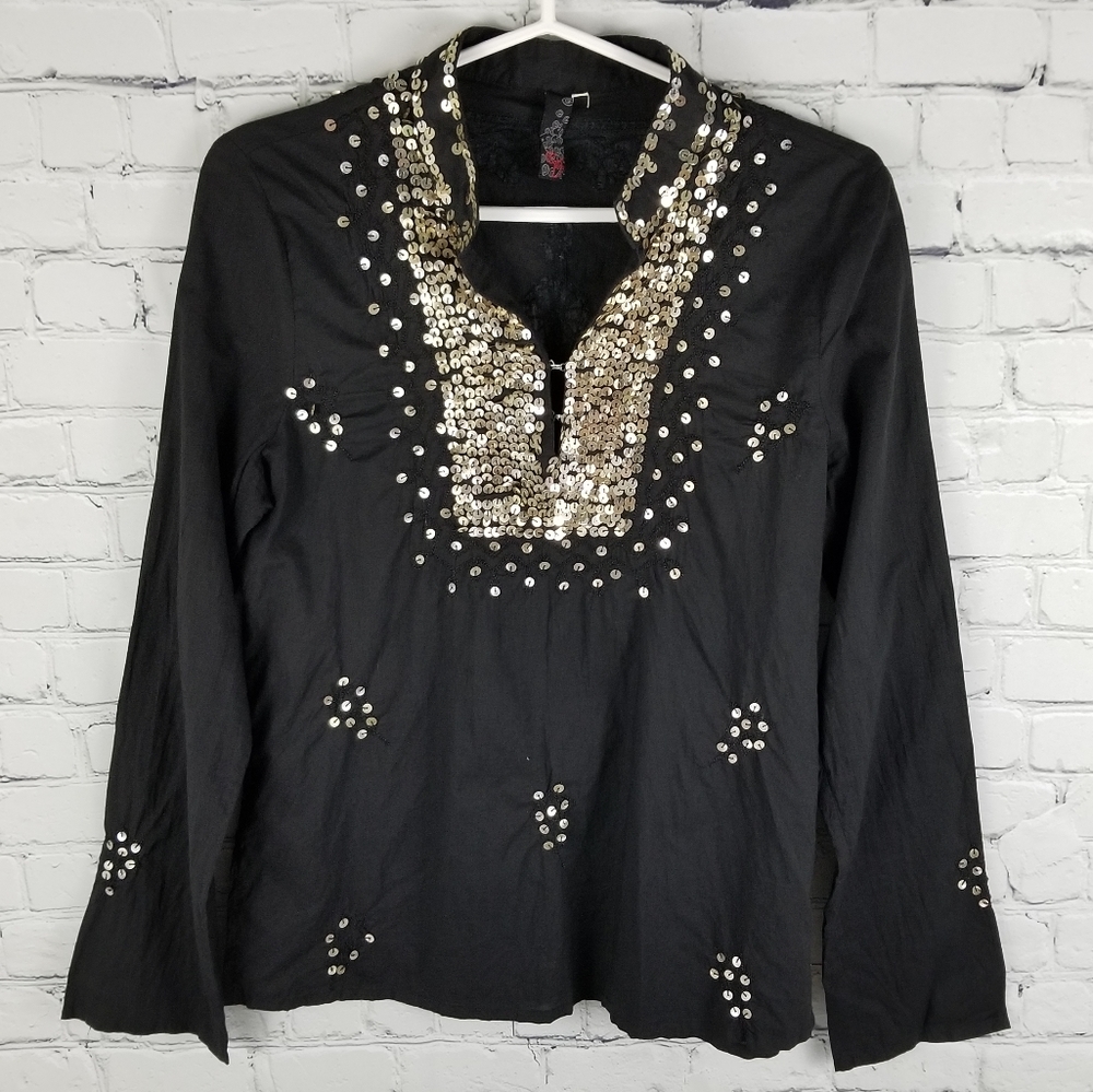 ENTRO | linen blend sequin mock collar blouse